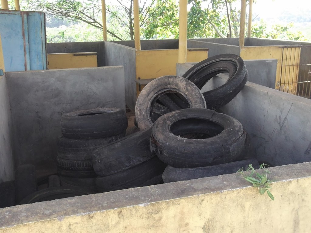 Pneus abandonados, possivelmente armazenando água e servindo para que larvas da dengue se desenvolvam. Foto: Coutinho Neto. 