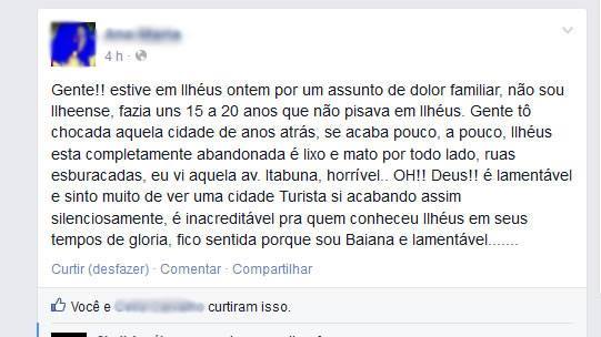 Desabafo foi flagrado no Facebook por um leitor do Ilhéus 24h.